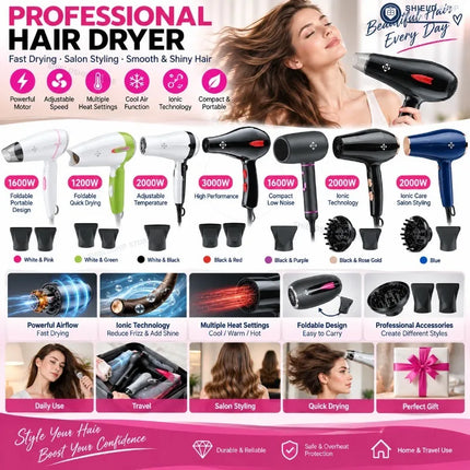 Professional Hair Dryer 3000W High Power Blow Dryer with Adjustable Temperature & Speed Settings, Cool Air Function, Ionic Technology, Fast Drying Styling Tool with Concentrator Nozzles for Home Salon Use