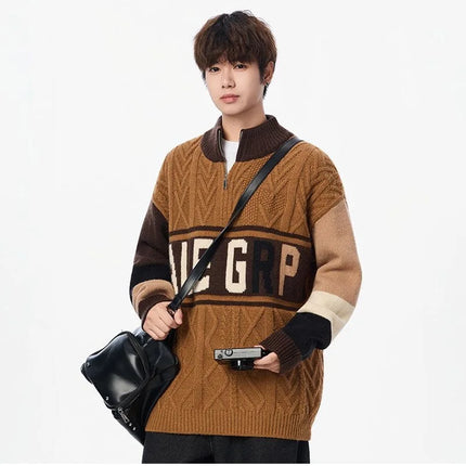 Autumn/winter Fashion Trend Retro Sports Thickened Warm Knitted Sweater Men's Loose Comfortable Large Size High Quality Sweater