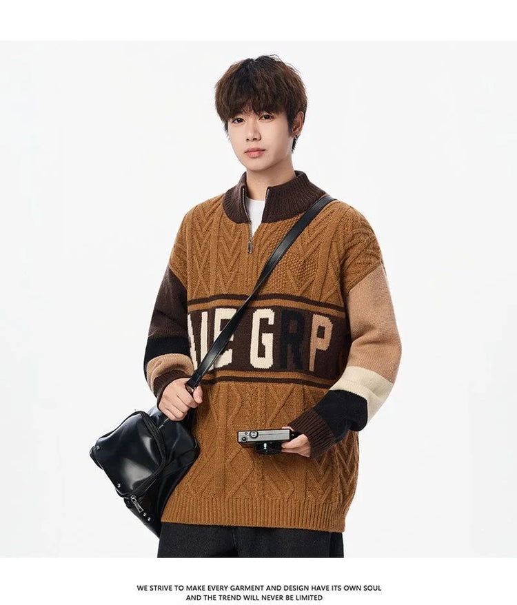 Autumn/winter Fashion Trend Retro Sports Thickened Warm Knitted Sweater Men's Loose Comfortable Large Size High Quality Sweater