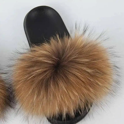 Real Raccoon Fur Slippers for Women 2023 Summer Fluffy Indoor Home Fuzzy Flat Slides Outdoor Fashion Beach Sandals Flip Flops