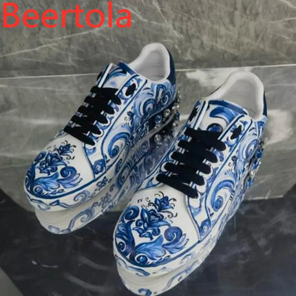 Genuine Leather Casual Shoes For Men Flats Masculine Blue And White Porcelain Zapatillas Hombre Luxury Designer Diamond Shoes