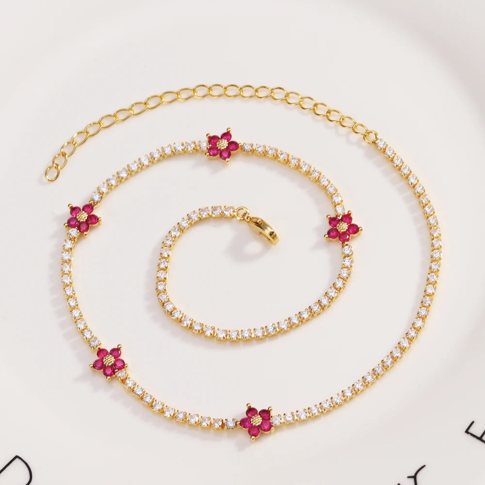 Fiori colorati con zirconi cubici Baguette Catena da tennis Collana girocollo da donna Gioielli hip-hop in ottone per donna Dorato