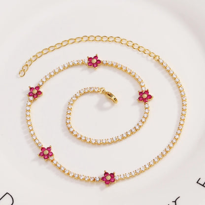 Fiori colorati con zirconi cubici Baguette Catena da tennis Collana girocollo da donna Gioielli hip-hop in ottone per donna Dorato