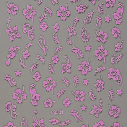 5D Hibiscus Flower Nail Embossed Sticker Acrylic Pink White Gold Petal Leaf Adhesive Decal Butterfly Dragon Floral Elegant Decor