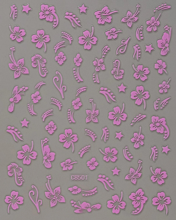 5D Hibiscus Flower Nail Embossed Sticker Acrylic Pink White Gold Petal Leaf Adhesive Decal Butterfly Dragon Floral Elegant Decor