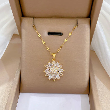 DIEYURO 316L Stainless Steel Luxury Zircon Flower Pendant Necklace For Women Girl New Trend Clavicle Chain Jewelry Lady Gift PlatiNum