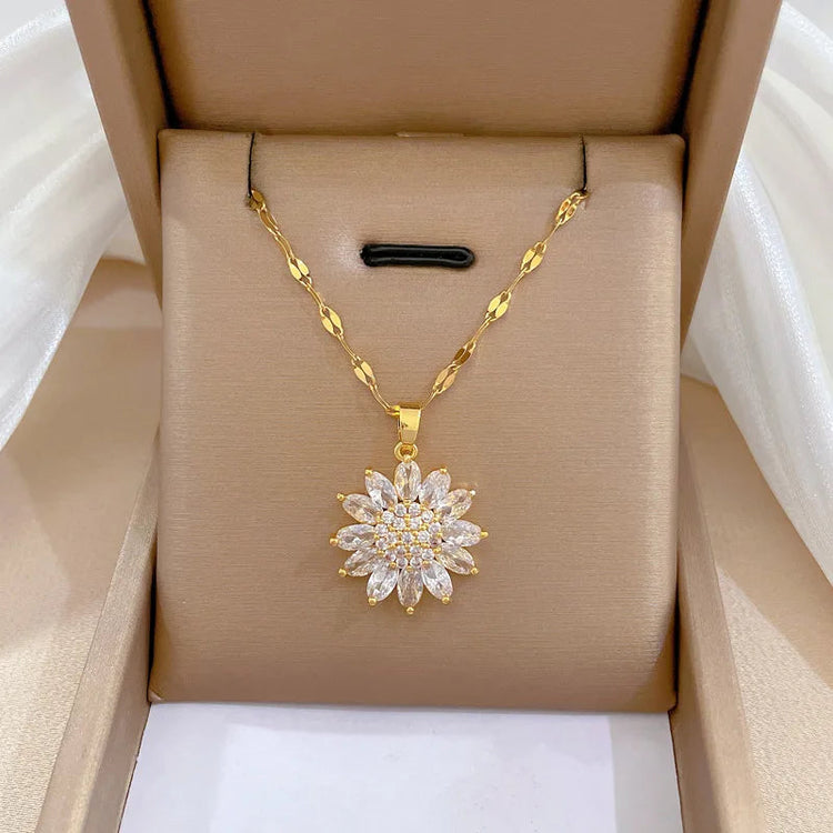 DIEYURO 316L Stainless Steel Luxury Zircon Flower Pendant Necklace For Women Girl New Trend Clavicle Chain Jewelry Lady Gift PlatiNum