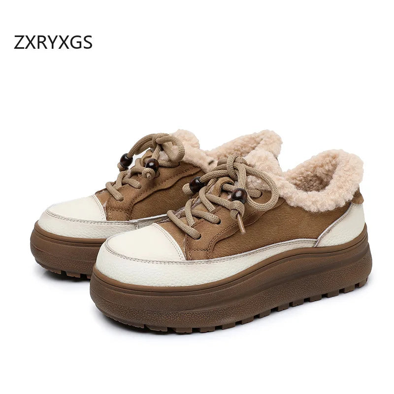 ZXRYXGS 2025 Top Layer Cowhide Women's Winter Sneakers Warm Shoes Platform Increase Shoes Casual Sneakers Snow Shoes Large Size