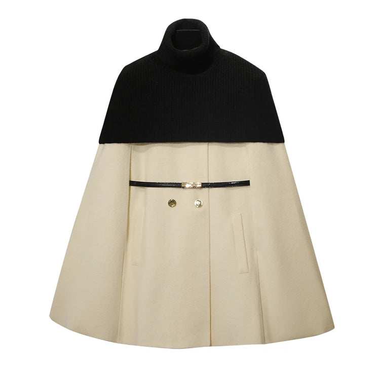 French Elegant Temperament Socialite Knitted Splicing High Neck Double-breasted Fashion Versatile Woolen Cloak Jacket Coat Women