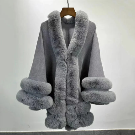 5 Colors 2024 Women 2 Circle Faux Rabbit Fur Cape Poncho Winter Loose Warm Shawl Outerwear Cashmere Cloak Overcoat