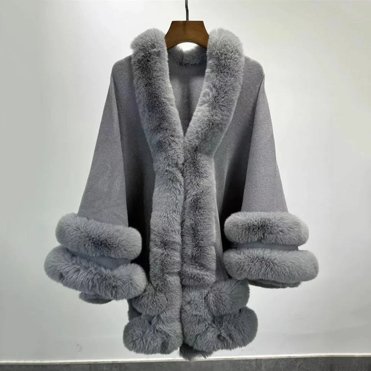 5 Colors 2024 Women 2 Circle Faux Rabbit Fur Cape Poncho Winter Loose Warm Shawl Outerwear Cashmere Cloak Overcoat