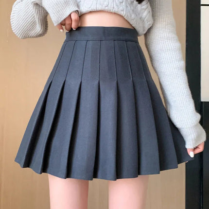 Autumn Winter Woolen Pleated Skirts Women New Korean High Waist Slimming Mini Skirt Ladies Preppy Style Side Zipper A-Line Skirt PlatiNum