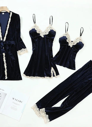 TOP Casual Velluto Abbigliamento per la casa 4 pezzi Set da notte Intimo Lingerie Pigiama da donna Completo a maniche lunghe in pizzo Velluto Homewear Pigiama set