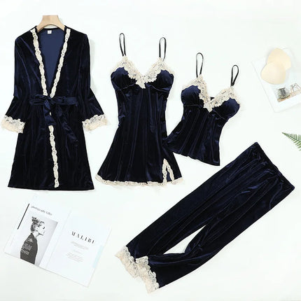 TOP Casual Velluto Abbigliamento per la casa 4 pezzi Set da notte Intimo Lingerie Pigiama da donna Completo a maniche lunghe in pizzo Velluto Homewear Pigiama set