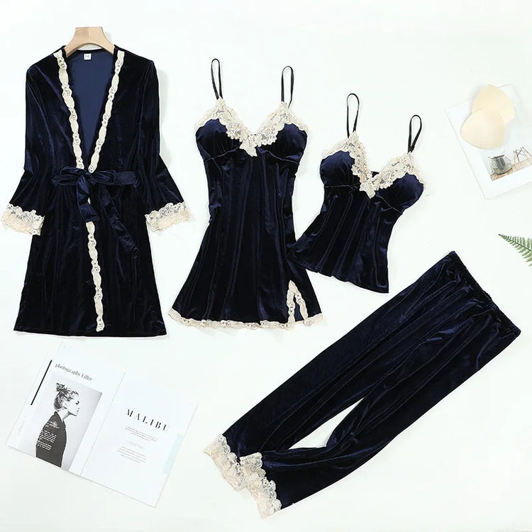TOP Casual Velluto Abbigliamento per la casa 4 pezzi Set da notte Intimo Lingerie Pigiama da donna Completo a maniche lunghe in pizzo Velluto Homewear Pigiama set