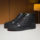 Black Studded Leather Rivets High-Top Sneakers Classic Designer Style Round Toe Men's Sports Shoes Comfort Lace-Up Casual Shoes