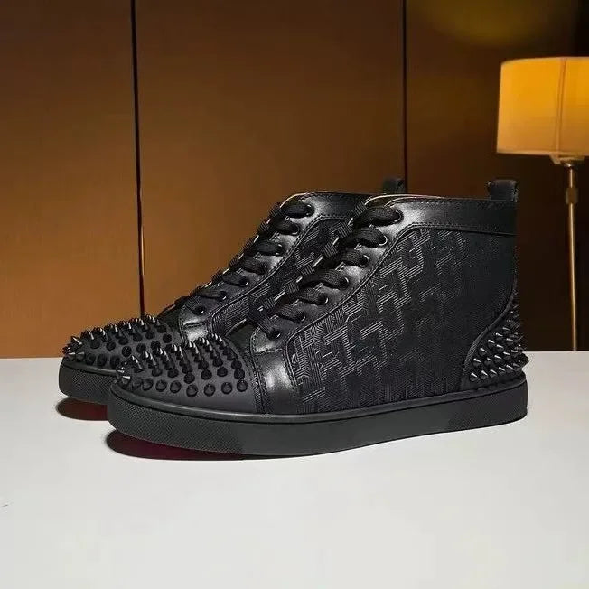 Black Studded Leather Rivets High-Top Sneakers Classic Designer Style Round Toe Men's Sports Shoes Comfort Lace-Up Casual Shoes