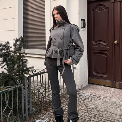 2026 Spring Women's Solid Lace Up Trench Coat Stand Collar Double Breasted Jacket Stylish New Lady Long Sleeve Outerwear Street