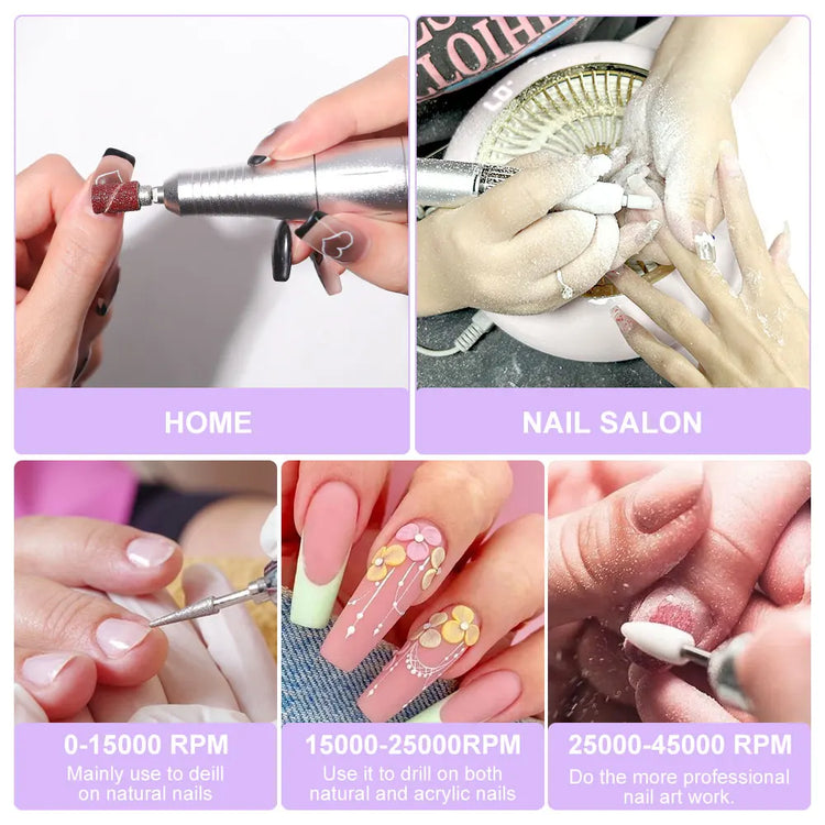 LIMEGIRL 45000RPM Electric Nail Drill Polisher Rechargeable Portable Electric Nail File Machine Kit for Home Acrylic Gel Nails Polishing