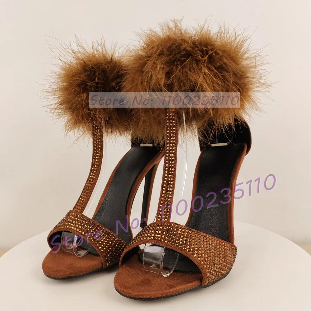 Chocolate Rhinestone T Strap Sandals Women Trendy Real Turkey Feather Ankle Strap Luxury Shoes Glittery Party High Heels Sandals
