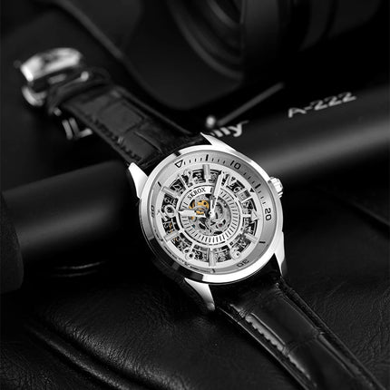 SKROX Original Gold Skeleton Automatic Movement Men's Watch Mechanical Waterproof Male Wrist Watches Leather Strap Luxury Clock