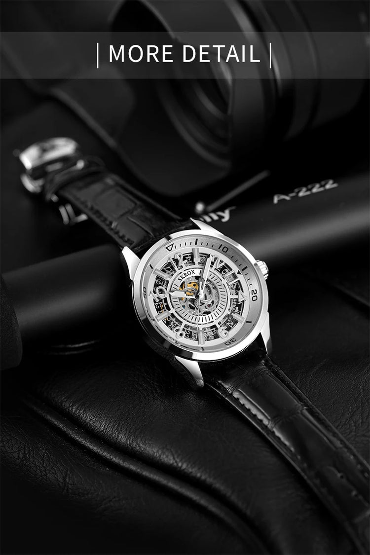 SKROX Original Gold Skeleton Automatic Movement Men's Watch Mechanical Waterproof Male Wrist Watches Leather Strap Luxury Clock