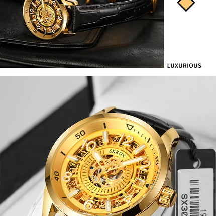 SKROX Original Gold Skeleton Automatic Movement Men's Watch Mechanical Waterproof Male Wrist Watches Leather Strap Luxury Clock