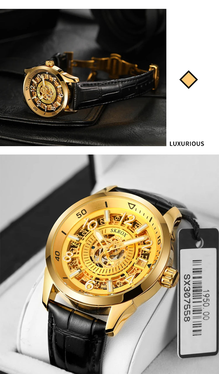 SKROX Original Gold Skeleton Automatic Movement Men's Watch Mechanical Waterproof Male Wrist Watches Leather Strap Luxury Clock
