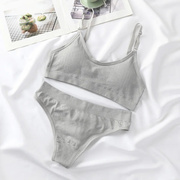 Women Seamless Bra And Panties Set Sexy Lingerie High Waist Thong Comfy Wire Free Bra Female Solid Color Ribbed Underwear Set