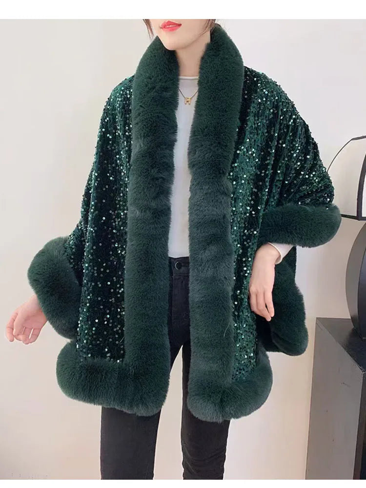 ZADORIN Fashion Sequins Long Furry Warm Faux Fur Coat Woman Autumn Winter Fur Cape Ponch Wedding Party Fur Shawl Cloak Cardigans
