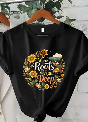 Comoda maglietta da donna con stampa Cozy Feels Forever T-shirt da donna con stampa floreale, stile casual comfort