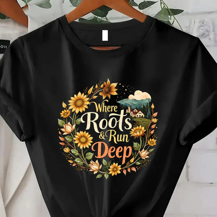 Comoda maglietta da donna con stampa Cozy Feels Forever T-shirt da donna con stampa floreale, stile casual comfort