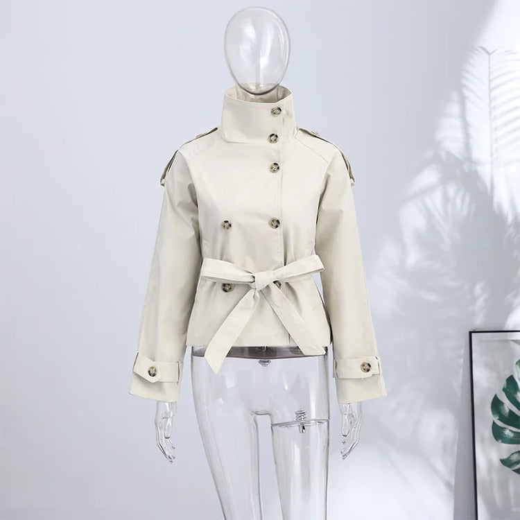2026 Spring Women's Solid Lace Up Trench Coat Stand Collar Double Breasted Jacket Stylish New Lady Long Sleeve Outerwear Street