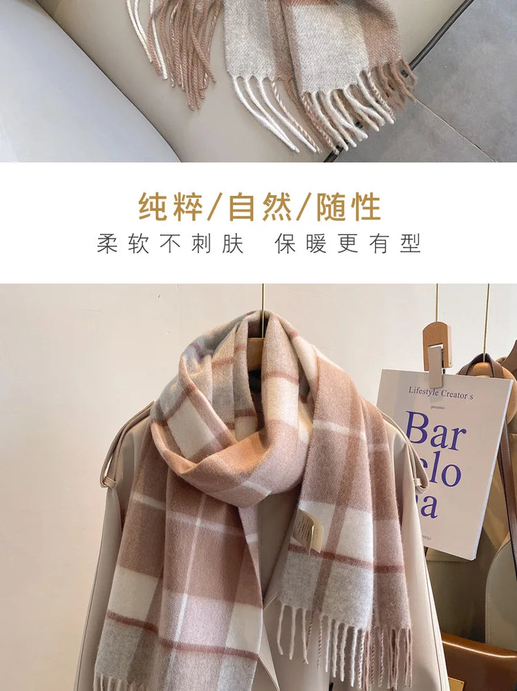 High Quality 100% Pure Wool Scarf Women Classic Chic  Autumn Winter Colorful Plaid Tassel Warm Muffler Female Thermal Shawl Lady