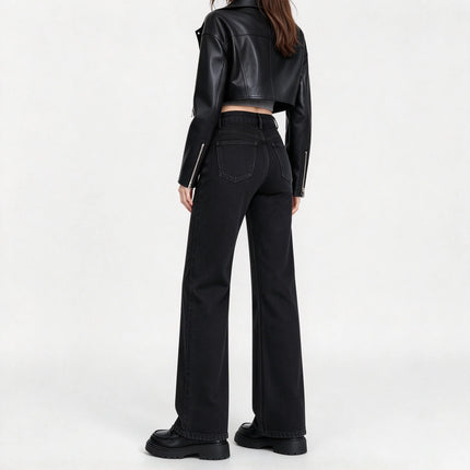 Minimalist black high-waisted straight-leg women’s jeans, in a relaxed-fit black denim with an elegant, casual style, perfect for a casual office look and versatile everyday wear FX-1338-1