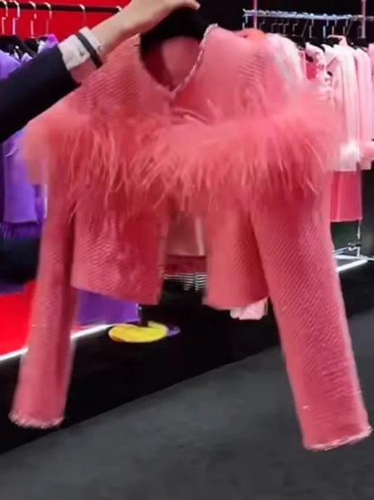 2024 Autumn Winter New Jackets Feminine Small Fragrant Short Coats Women's Feather Splicing Long Sleeve Solid Color Short Tops