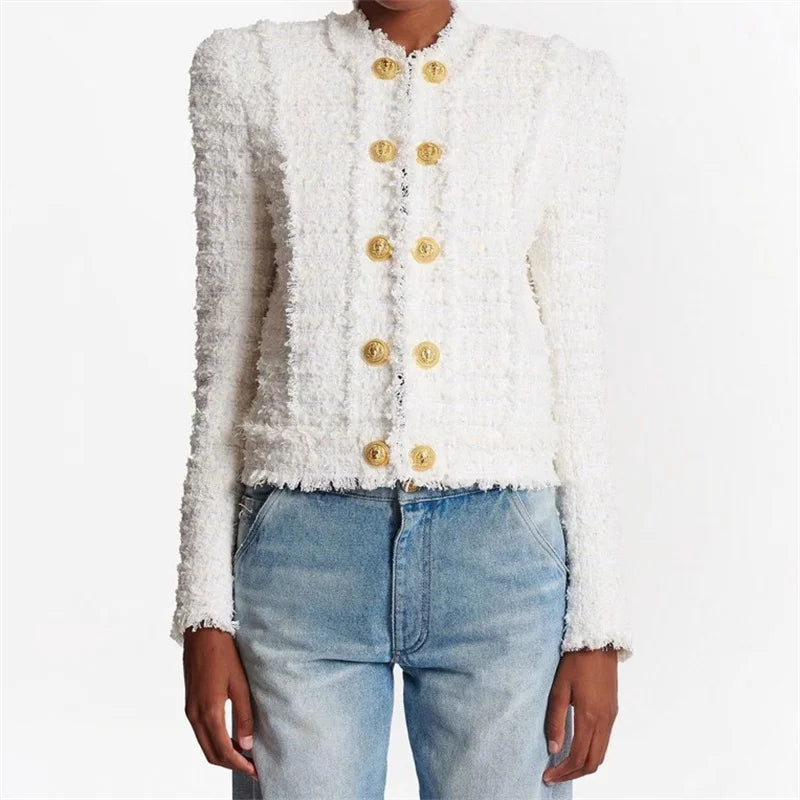 Women's jacket New autumn 2025 double breasted slim long sleeved top tweed weave Women's coat Cotton blend round neck outerwears