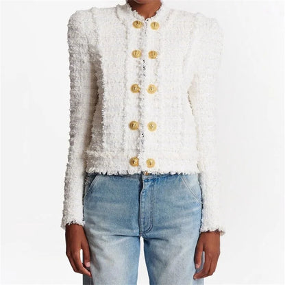 Women's jacket New autumn 2025 double breasted slim long sleeved top tweed weave Women's coat Cotton blend round neck outerwears