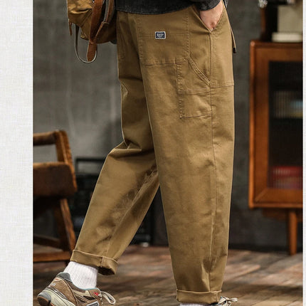 HIQOR Mens Clothing Spring Autumn Cargo Pants Man Cotton Casual Loose Trouser Belt Mid Waist Joggers Male Straight Baggy Pants