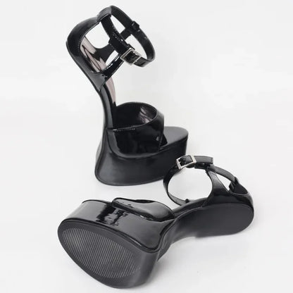 Strange Style Peep Toe Cover Heel Sandals Sexy Pointed Toe Heel 22 CM Patent Leather New Arrivals Fashion Women Runway Shoes