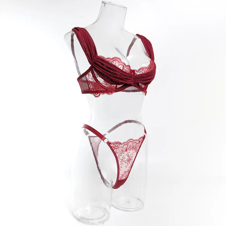 Toucheart Erotic Lingerie New Burgundy Embroidered Underwear Set Sexy Deep V Push-up Hot Bra Hollow See-through Panties Forwomen