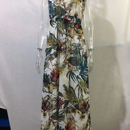 Abito da spiaggia da donna senza schienale con allacciatura Abito da spiaggia sexy con scollo a V Boho Abiti lunghi estivi Elegante stampa senza maniche Lady Maxi Dress Vestidos