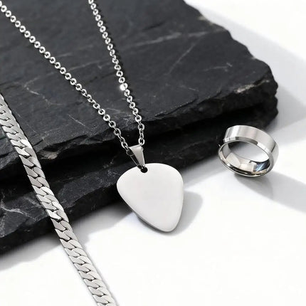 Set di 3 Pezzi: Collana con Ciondolo a Forma di Plettro per Uomo, Bracciale con Catena Cubana Piatta Stile Rock Punk, Set di Gioielli Classici da Uomo, Idea Regalo platinumshop
