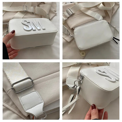 Chic SM Letter Camera Bags, Stylish Women’s Crossbody Small Square Purses with Wide Patterned Straps, Perfect for Daily Casual PlatiNum