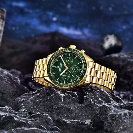 Nuovo orologio classico da uomo PAGANI DESIGN Orologio al quarzo di lusso verde dorato per uomo Cronografo sportivo con data automatica e cristallo AR in zaffiro Orologio da polso da uomo Spedizione locale