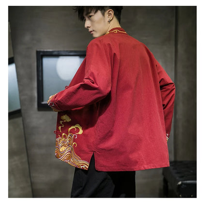 Camicie da uomo ricamate 2026 primavera stile cinese retrò colletto alla coreana giacca in cotone e lino cardigan da uomo Kungfu allentato casual Top
