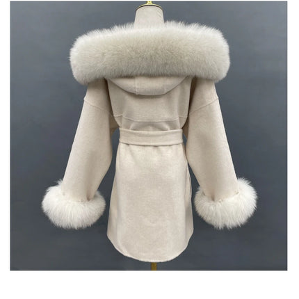 MISSJANEFUR Wool Coat with Real Fox Fur Collar Cuff Women Fashion Belted Cashmere Coats Warm Winter Hooded Trench Peacoat