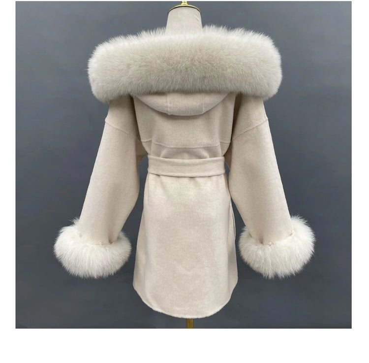 MISSJANEFUR Wool Coat with Real Fox Fur Collar Cuff Women Fashion Belted Cashmere Coats Warm Winter Hooded Trench Peacoat