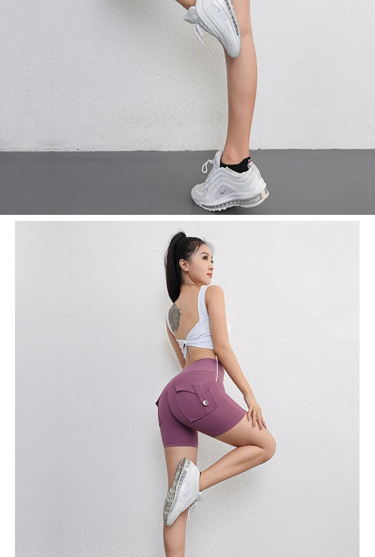 Peach Butt Fitness Shorts Women's Exercise Three-Quarter Pants Cargo Air Dry Pocket Yoga Tight Lift Summer