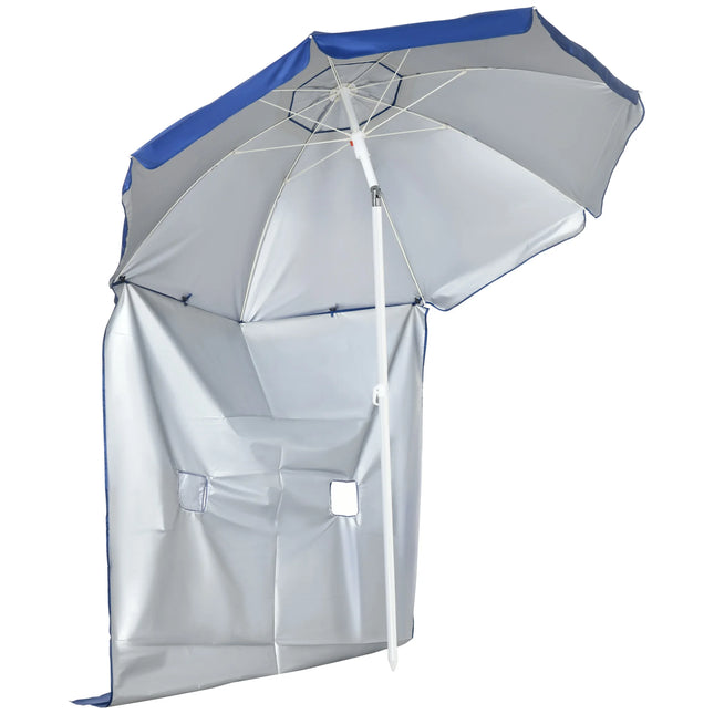 Outsunny Beach Parasol Ø1.9x2 m with 45° Reclinable Canopy, Side Panel with Windows and 2 Pockets, Beach Umbrella with 8 Ribs and 2-Section Steel and Polyester Design, Blue